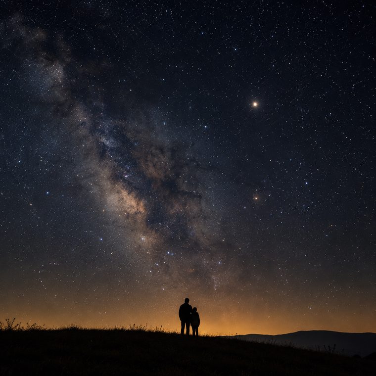 Two people beneath a star-filled night sky