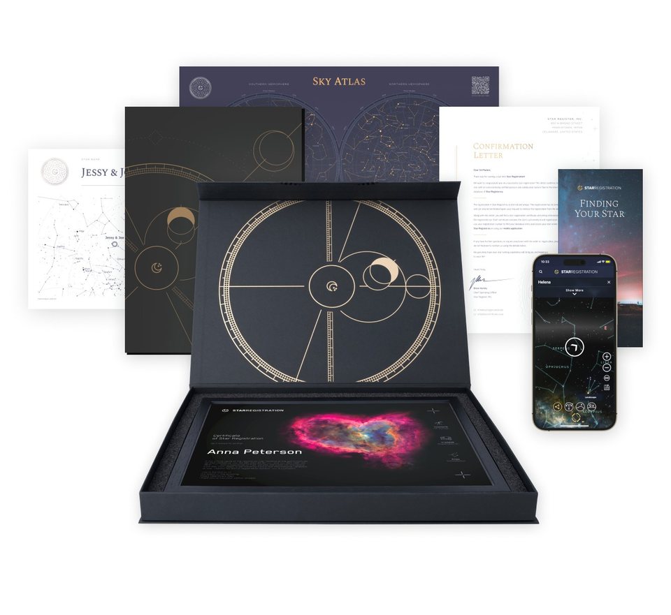 Star gift set with a framed certificate, gift box, star map, sky atlas and Star Finder app
