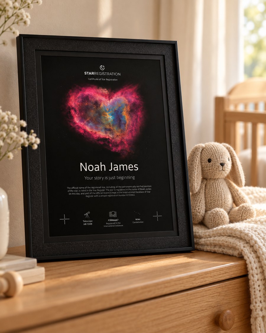 A framed personalised star certificate on a nursery dresser beside a knitted rabbit